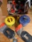Roll of Caution ribbon, caulk gun, stacking organizer with fasteners, wire protector, cable clamps,