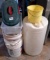 Plastic lawn chair; five gallon pails; 15 gallon plastic barrel and more.
