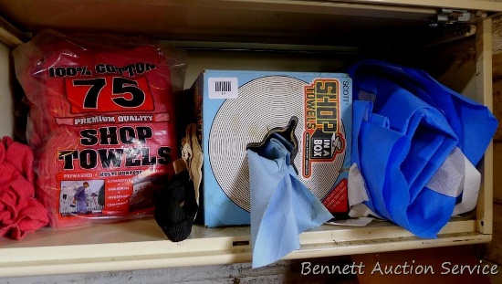 Partial box of Scott shop towels; partial bag of cotton shop towels and more.