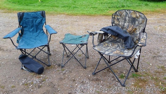 Two nice folding chairs and a folding camp table. Camp table has two cupholders and is about 18" x