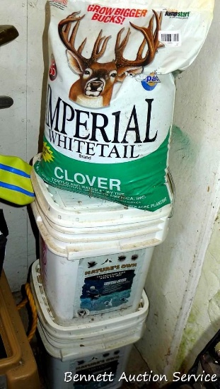 Imperial Whitetail Clover, and two buckets of Nature's Own upland game bird mixture. Bird mixture