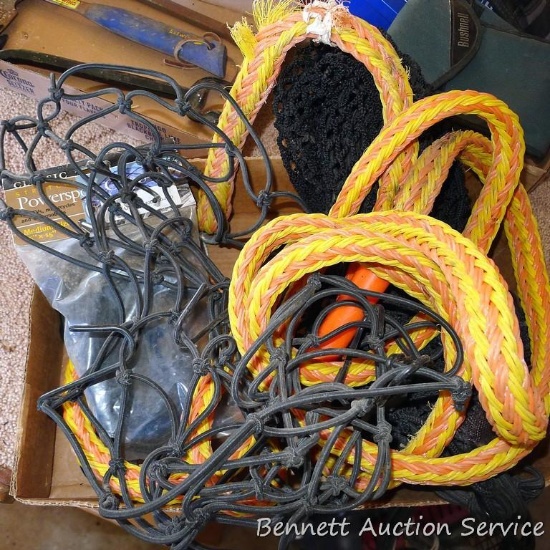 Tow rope, bungee cords, and several stretchy cargo nets for vehicles. Tow rope is around 170" long