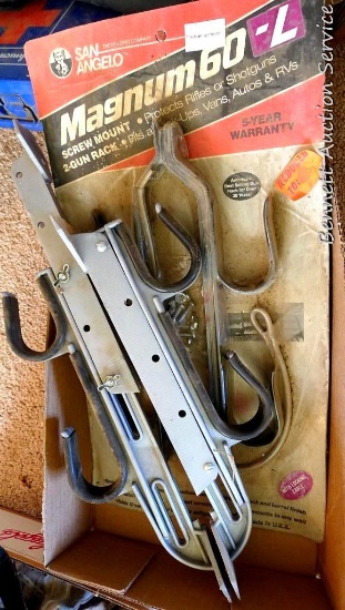 Two San Angelo gun racks, one NIP. Extendable pair opens to 17". Wall mountable two-gun racks