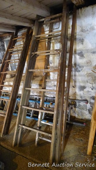Wooden ladder by American Ladder Institute is in 3 sections that pull apart or extend. Each section