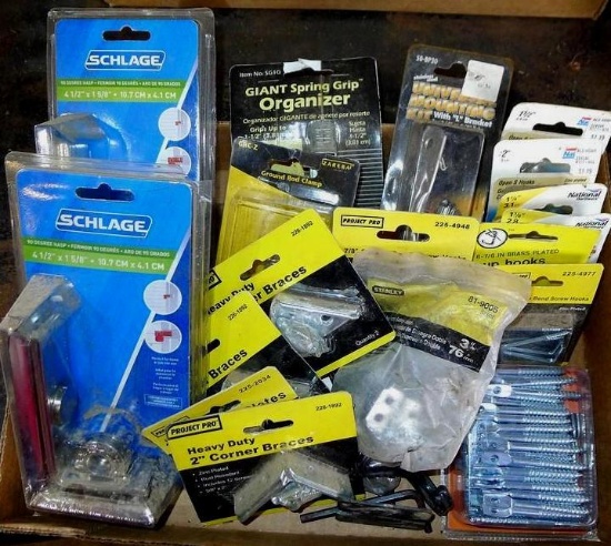 Misc. items all NIP. Two Schlage 90 degree hasps; 2" corner braces; ground rod clamp; J-hooks;