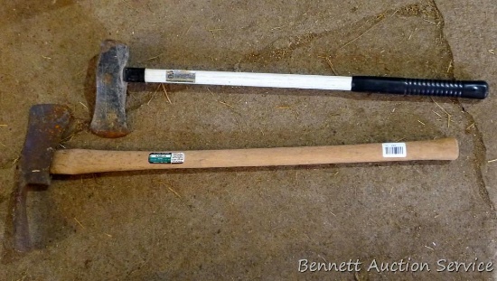 Splitting maul has 3-3/4" x 8-1/2" head and fiberglass handle; True American grub axe has 13" x 4"