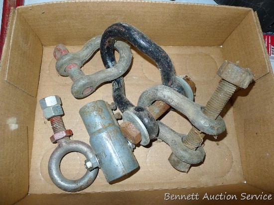 PTO shaft extension; 5" eye bolt; SWL 4-3/4 D Clevis; SWL 3-1/4 D Clevis; twisted Clevis.
