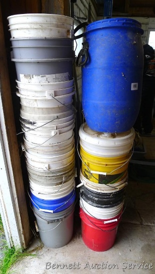 Two stacks of 5 gallon pails, plus a few 3 gallon pails. Taller stack is 57" high.