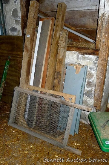 Assorted pieces of lumber up to 3-1/2" square x 69" long; 2 framed screens.