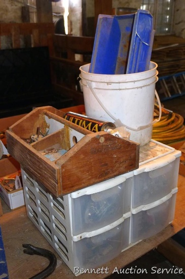 Assorted screws; hinges; 4 drawer storage cabinet 10-1/2" x 13" x 15".