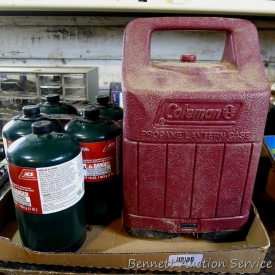 No shipping. Five 16 oz. propane fuel canisters; Coleman lantern case is 8" x 13".