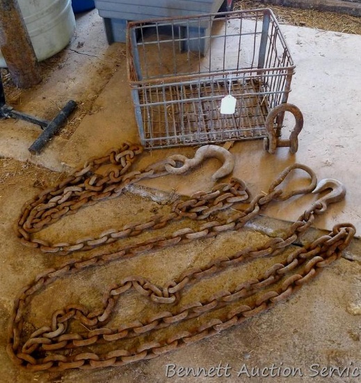Two lengths of chain, U-hook, and a metal crate. Longer length of chain has 3" wide hook and a loop
