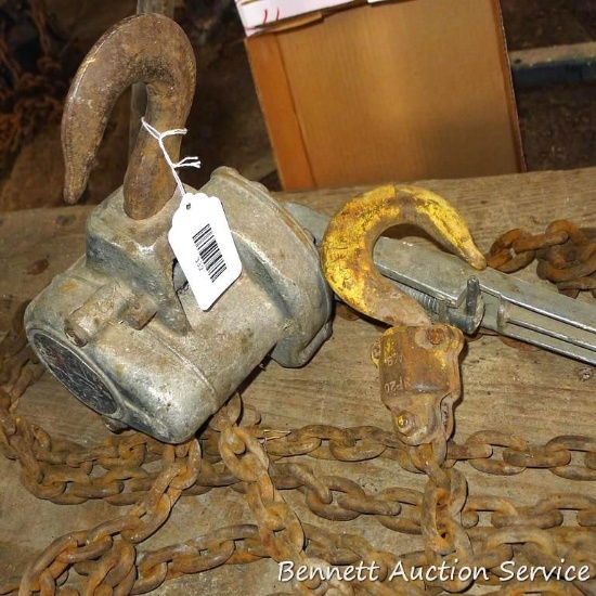 1-1/2 ton hoist has a 28' chain. Hook on end of chain is 4" wide. It is very tight, may just need