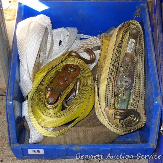2" ratchet straps; 3" canvas strap and more in plastic bin 16" x 18" x 11".