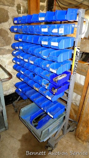 No shipping. Palmgren Steel framed rolling storage rack is 59" tall filled with plastic storage