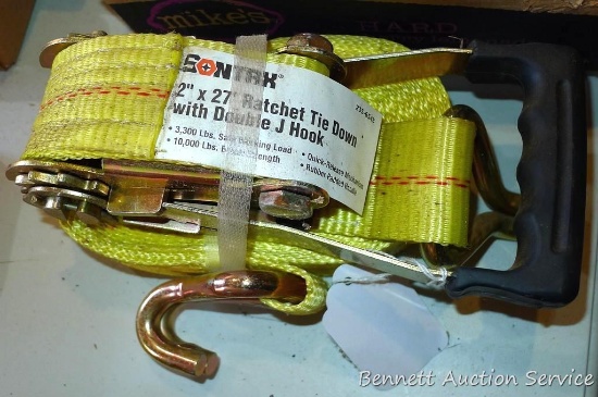 New Sontrax 2" x 27' ratchet tie down with flat hook. Has 3,300 lbs. safe working load and 10,000