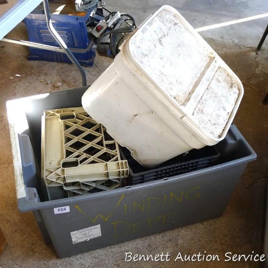 Large plastic tote is 20" x 29" x 15"; 2 plastic crates 11" x 13"; another plastic container with