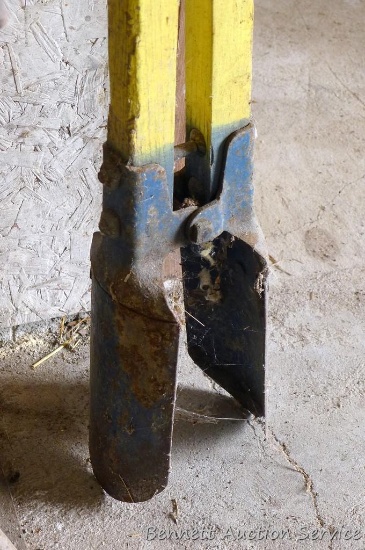 Hand post hole digger with wooden handles is 58" long. Blades look good.