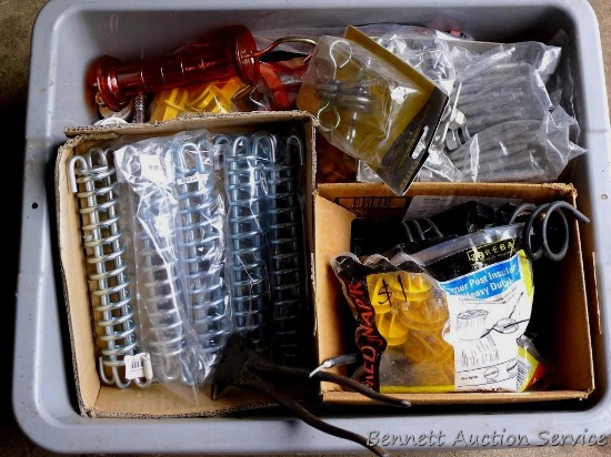 Fencing supplies including springs; fencing pliers; gate handle; insulators; staples; gate handle