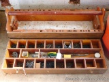 Wonderful carpenter's tool box with tray holds a variety of screws and nails. Box is about 38