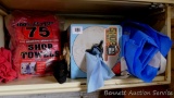 Partial box of Scott shop towels; partial bag of cotton shop towels and more.