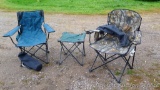 Two nice folding chairs and a folding camp table. Camp table has two cupholders and is about 18