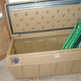 Lock'r storage box has a padded seat on top. Measures about 32
