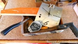 Rocket hatchet with a True Temper head; Sears Air Tool Balancer; hammer and saw; drywall tool; and a