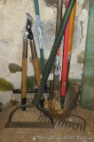 Nice spade shovel with wooden handle; Eagle rake; The Maintainer lawn & garden rake has 22