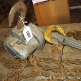 1-1/2 ton hoist has a 28' chain. Hook on end of chain is 4