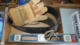 Stanley H1297 level, Craftsman tool belt, and a pair of size Large Dickies gloves. Vials and windows