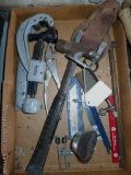 Ridgid pipe cutter, ball peen hammer with work belt hanger, chuck key, saw blades, large drill bit,
