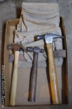 Craftsman leather tool pouch, two claw hammers, ball peen hammer. Pouch is about 13