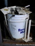 Five gallon bucket with metal shelf brackets and more; brackets measure 12