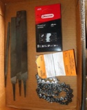 Oregon Model 22LPX062 saw chain; used chain with tag showing that it was sharpened; four flat files.