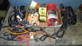 Large assortment of bungee cords; ratchet straps; cargo net; Stanley 30' tape; Stanley 16' tape NIP;