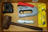Craftsman wire staple gun; Stanley plastic knife NIP; Stanley utility knife; 33' tape; wooden hammer