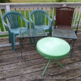 Cute metal side table, woven patio chair, wrought metal side tables, and a couple other chairs. A