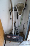 Fiskars rake, leaf rake, brush and watering shower head for hose and more.