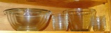 Nesting set of clear glass Pyrex mixing bowls up to 2-1/2 quart; another clear glass mixing or