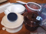 Visons cookware double boiler with lid; glass serving or mixing bowl; strainers; vintage Fire King