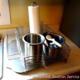 Nice heavy duty dish drainer rack, stainless organizers, dish brushes, paper towel holder. Dish rack