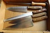 Chicago Cutlery knives including three chef's knives, serrated knife and a mismatched sharpening