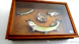 Wooden display box holds two Northern Pikes, Sunfish and a Crappie, all nicely mounted fish. Display
