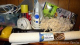 Charged fire extinguisher, nice Mag-Light, drawer liner, Westclox clock, iron, paper towel holder,
