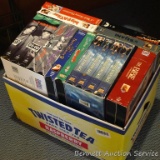 VCR tapes include The Three Stooges, Horatio Hornblower, Indiana Jones, The Survivors, When Harry