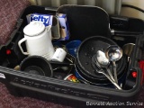 Rubbermaid Action Packer tote with lid holds lots of fun enamelware and camping supplies. Includes