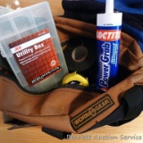 Door lock closers; tape measure; Loctite tube; Work Gear canvas bag; pair of Chilly Grip gloves and