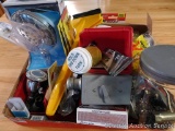 Catchall box including Moen shower head, other shower head, electric and plumbing components, mouse