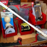 Schlage deadbolt with keys; Skil flap disc; heat shrink tube; duct tape; screws; organizers; cable;